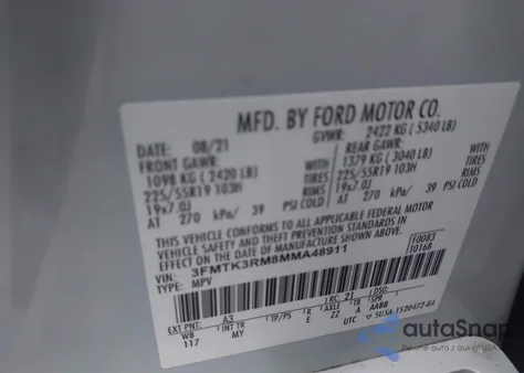 2021 Ford Mustang Mach-E Premium z USA, uszkodzony, nr VIN 3FMTK3RM8MMA48911